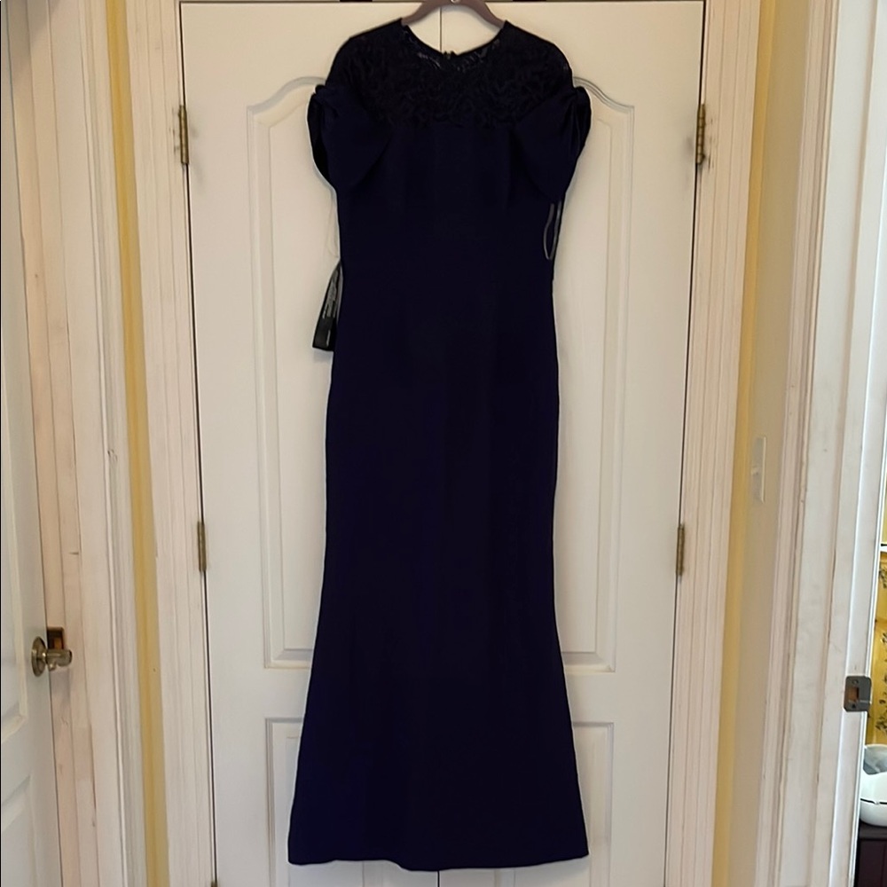 NEW Elegant Navy Blue Evening Gown, bow on sleeves